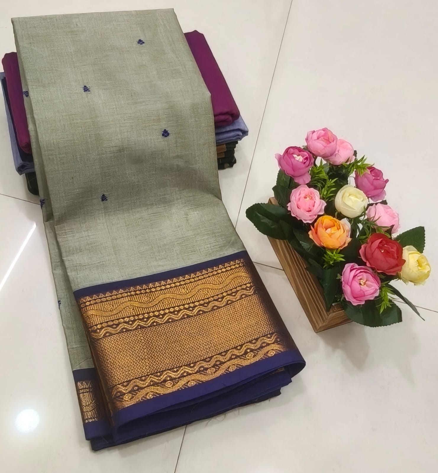 Sage Green Kanchi Cotton Saree with Golden Wavy Pattern Border